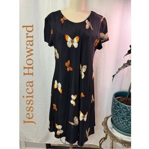 Jessica Howard Black Butterfly Print A-Line Midi Dress Elegant Garden Party